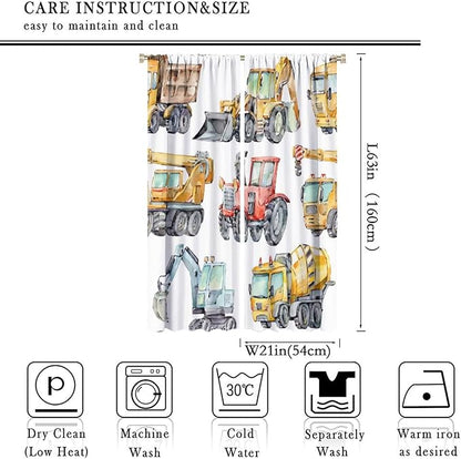 Kids Excavator Curtains, Retro Truck Tractor Machinery Construction Vehicle Crane Digger Mixer Rod Pocket Decorative Windows Curtain for Teens Girls Boys Room 42x63in (30% Blackout)