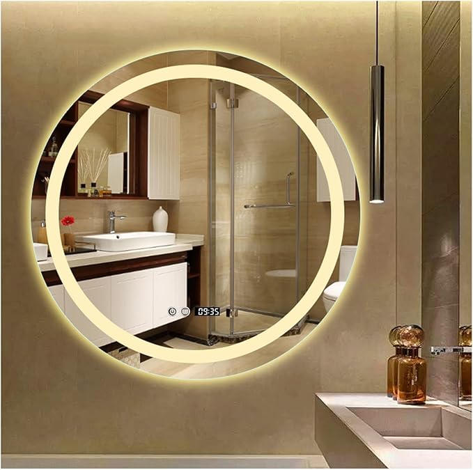 Round Bathroom Mirror with LED Lights and Demister，Round LED Bathroom Mirror with Light,Large Circle Mirror Backlit + Front Light，3 Colors Dimmable/Demister Pad(B,H60*W60cm/H23.6*W23.6IN)