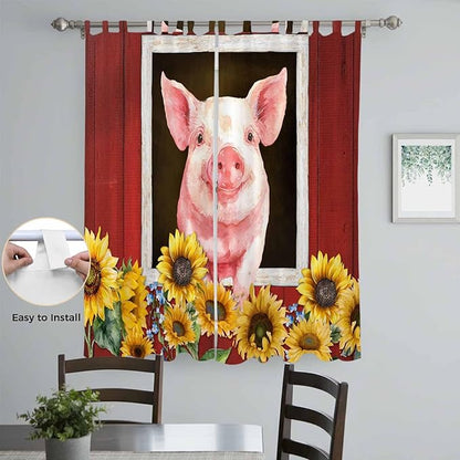 Pigs Sunflowers Living Room Curtains 96 Inch Length, Window Curtains Tab Top, Farmhouse Red Barn Flowers Animals Light Filtering Window Treatments Drapes 52"x96" 2 Panel