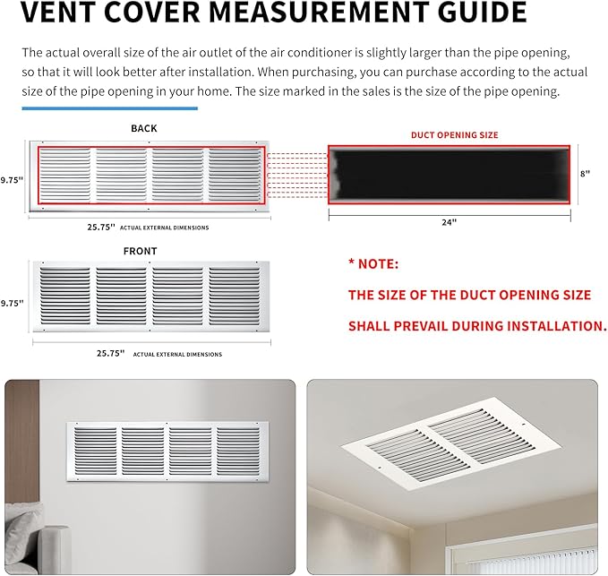 24x8 Return Air Grille(Duct Opening Size),Air Return Vent Cover,Flat Vent Cover,Rejillas De Aire Acondicionado para Casa,Return Air Grilles,Outer Dimensions:25.75"Wx9.75"H(24"W x 8"H, Duct Opening)