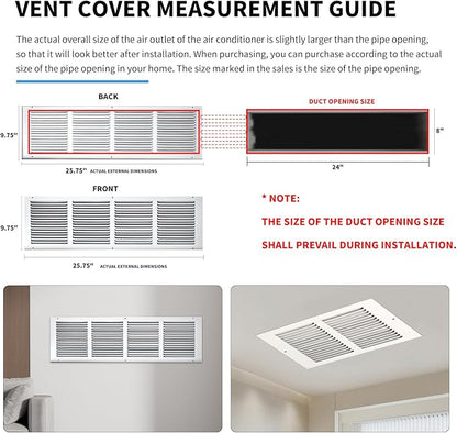24x8 Return Air Grille(Duct Opening Size),Air Return Vent Cover,Flat Vent Cover,Rejillas De Aire Acondicionado para Casa,Return Air Grilles,Outer Dimensions:25.75"Wx9.75"H(24"W x 8"H, Duct Opening)