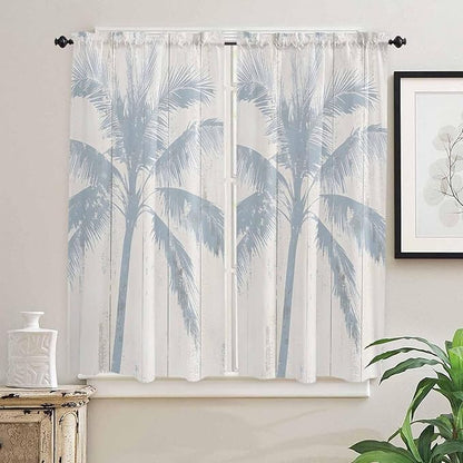 Summer Coconut Tree on Vintage Wood Grain Window Valance Curtains, Seaside Plants Light Filtering Kitchen Valance with 3-inch Rod Pocket for Living Room Bathroom Bedroom,2 Panel,42x63In