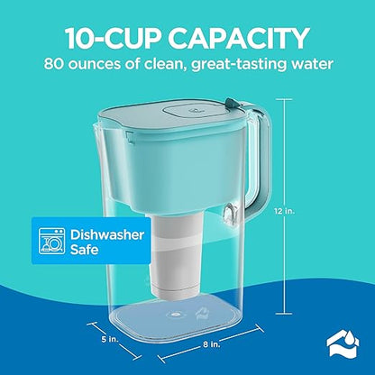 HOMEWATER 10-Cup Pitcher Filter (Teal) – BPA-Free, High-Capacity 2.4L Pitcher with Fast-Flow Carbon Filter, Wide Mouth for Easy Pouring, Removable Filter Replacement, Locking Lid, and Dishwasher-Safe