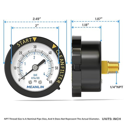 MEANLIN MEASURE 0~60Psi Plastic Frame 1/4" NPT Start and Clean Filter Pressure Gauge, Suitable for Swimming Pool, Spa, Aquarium, Center Back Mount