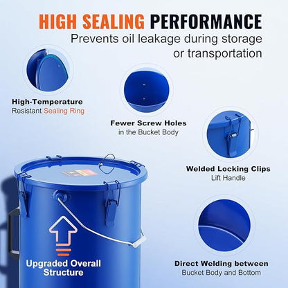 VEVOR Fryer Grease Bucket - 6 Gal Carbon Steel Oil Disposal Caddy with Rust-Proof Coating, Transport Container with Lid, Lock Clips, Filter Bag for Hot Cooking Oil Filtering