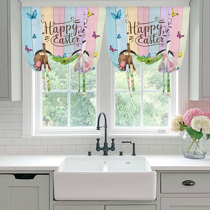 Tie Up Curtains,Happy Easter Rabbit Butt Egg on Daisy Leaf Adjustable Rod Pocket Window Shade Curtain Drape Bufferfly on Wood Barn Tie-Up Valance for Kitchen Bedroom Living Room Windows,46"x63"