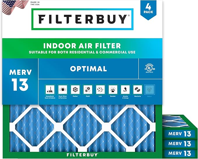 Filterbuy 18x18x1 Air Filter MERV 13 Optimal Smoke & Allergy Defense (4-Pack), Electrostatic Pleated HVAC AC Furnace Filters Replacement, Made in USA (Actual Size: 17.75 x 17.75 x 0.75)