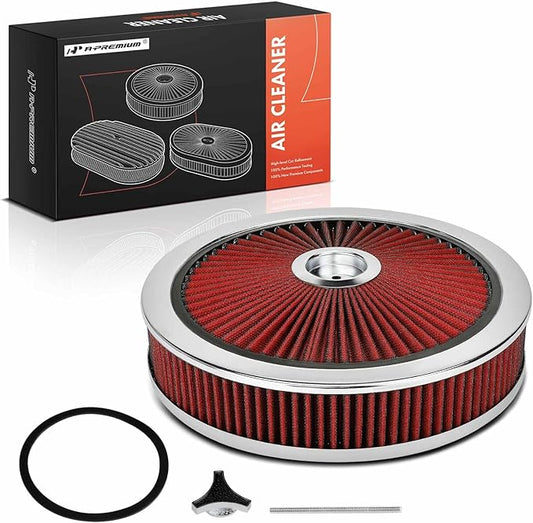 A-Premium 14"x3" Round Universal Air Cleaner Filter Assembly - Compatible with Chevrolet Chevy GMC Ford Models- Fit For 5-1/8" carburetor neck, Chrome Red