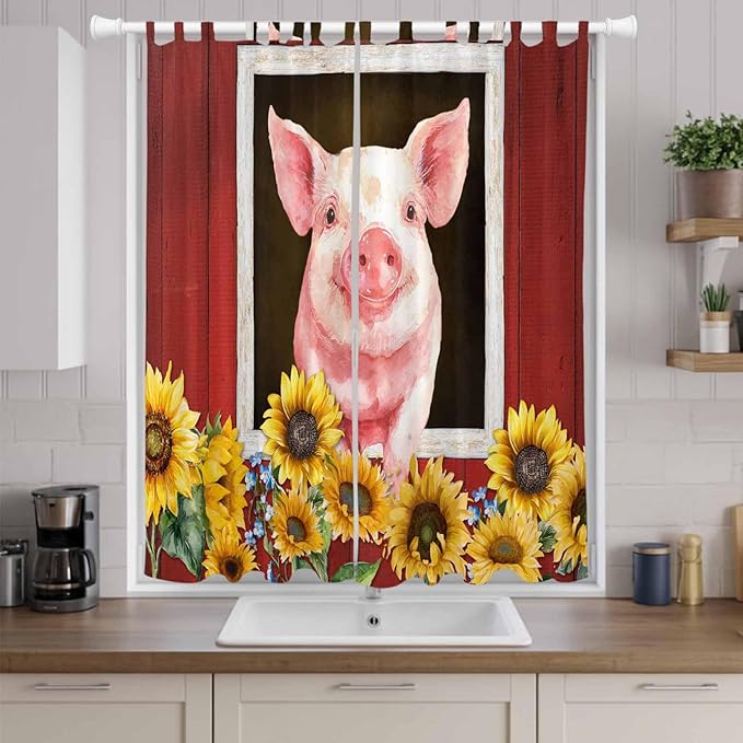 Pigs Sunflowers Living Room Curtains 96 Inch Length, Window Curtains Tab Top, Farmhouse Red Barn Flowers Animals Light Filtering Window Treatments Drapes 52"x96" 2 Panel