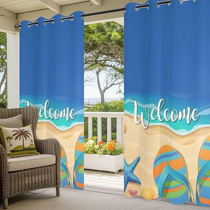 Summer Outdoor Curtains for Patio Beach Slippers Plumeria Waterproof Outside Curtains with Grommet Top Weatherproof Curtain for Cabana Pergola Gazebo, 2 Pack, 54" W x 108" L