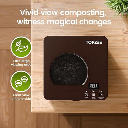TOPZEE Electric Composter:3L Kitchen Compost Bin Countertop Indoor Odorless, Kitchen Composter Auto-Cleaning, Turns Waste into Natural Fertilizer with a Single Button, Dark Brown