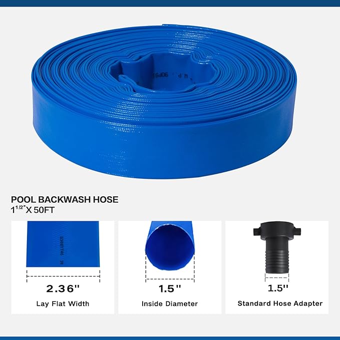 Eastrans 1 1/2 in x 50 ft Pool Backwash Hose Kit with Female NPT Adapter, Heavy Duty Discharge Pump Hose for Swimming Pool,Reinforced Pool Drain Hose with 2 Clamps and Thread Seal Tape,6 Bar