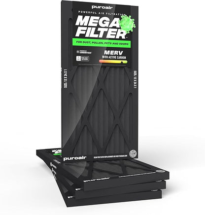 PuroAir MegaFilter - 12x24x1 Air Filter MERV 13 Activated CarbonTech Defense - Heavy Duty 3 Layer Furnace Filters Allergens, Pollen, Dust, Pet Dander, Smoke, Odors - HVAC Air Filter 12x24x1 (4-Pack)
