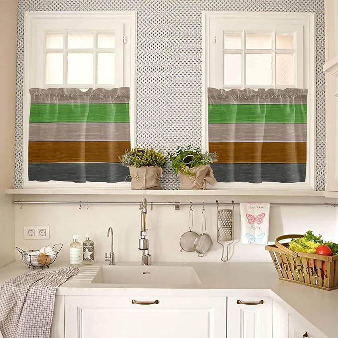 Farm Gray Green Brown Wood Grain Window Valance Curtains, Rustic Wooden Plank Light Filtering Kitchen Valance with 3-inch Rod Pocket for Living Room Bathroom Bedroom,2 Panel,27.5x36In