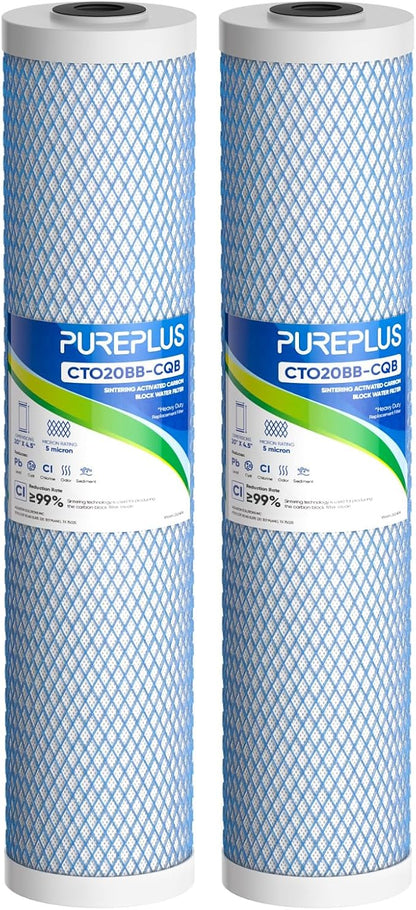 PUREPLUS 20" x 4.5" Whole House Activated Carbon Water Filter, Enhanced Lead Removal, Reduces Chlorine, Sediment & Odors, Compatible with FC25B, EPM-20BB, CB-BB-20, 155783-43, 2 PACK