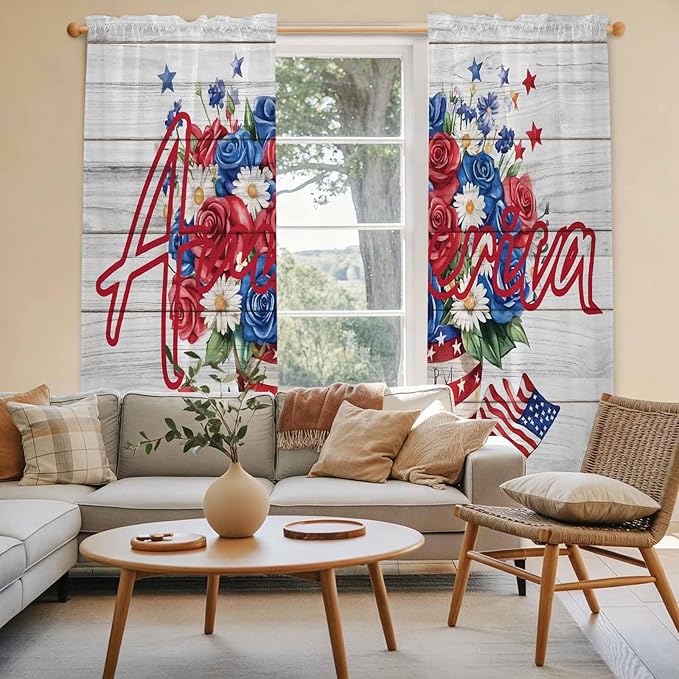 Independence Day Window Curtains 72 Inch Long 2 Panel Set, Rod Pocket Long Curtains & Drapes, 4 of July Rose Wooden Grain Vintage Light Filtering Window Treatment for Bedroom Living Room 52"W x 72"L