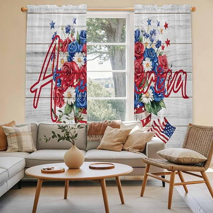 Independence Day Window Curtains 72 Inch Long 2 Panel Set, Rod Pocket Long Curtains & Drapes, 4 of July Rose Wooden Grain Vintage Light Filtering Window Treatment for Bedroom Living Room 52"W x 72"L