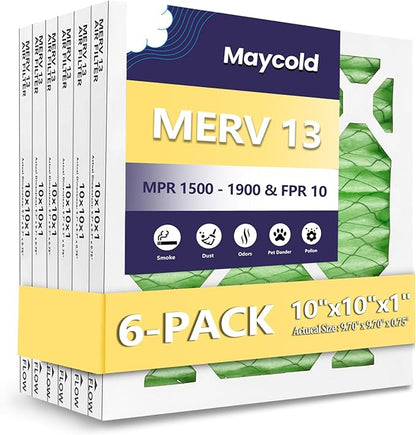 Maycold MERV 13 10x10x1 Air Filter (6-Pack), High-Efficiency Pleated AC & Furnace Filters, Actual Size: 9.70” x 9.70” x 0.75”, Individually Wrapped in Plastic