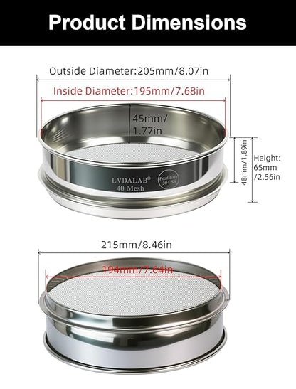 All 304 Stainless Steel 40 Mesh Test Sieve (0.45mm Aperture), 8 Inch/20cm Diameter, Lab Sifter & Soil Strainer, Standard Analysis Screen for Medium Powder, Ceramics & Geology