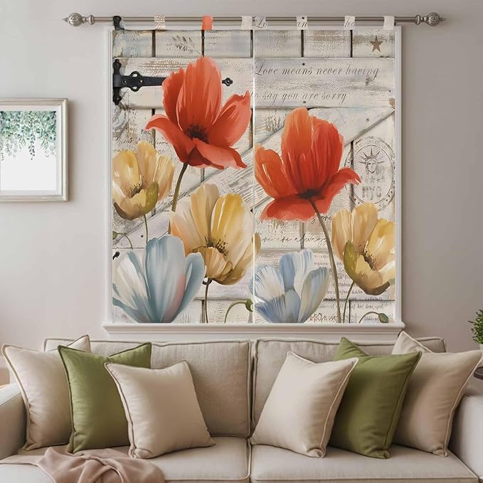 Retro Floral Living Room Curtains 84 Inch Length, Window Curtains Tab Top, Red Yellow Tulips Barm Doors Farmhouse Wooden Light Filtering Window Treatments Drapes 42"x84" 2 Panel