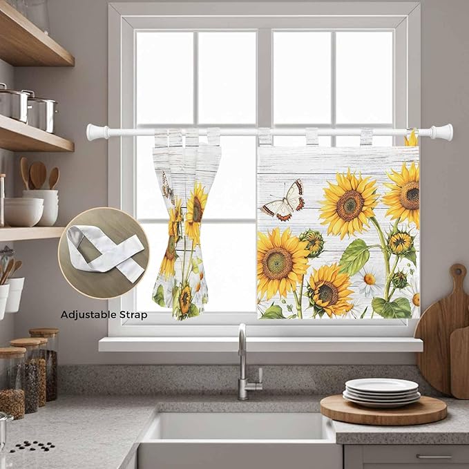 Yellow Sunflowers Kitchen Curtains 24 Inch Length, Small Window Curtains Tab Top, Vintage Country Flowers Butterfly Wood Board Light Filtering Short Window Treatments Tier Drapes 27.5"x24" 2 Panel