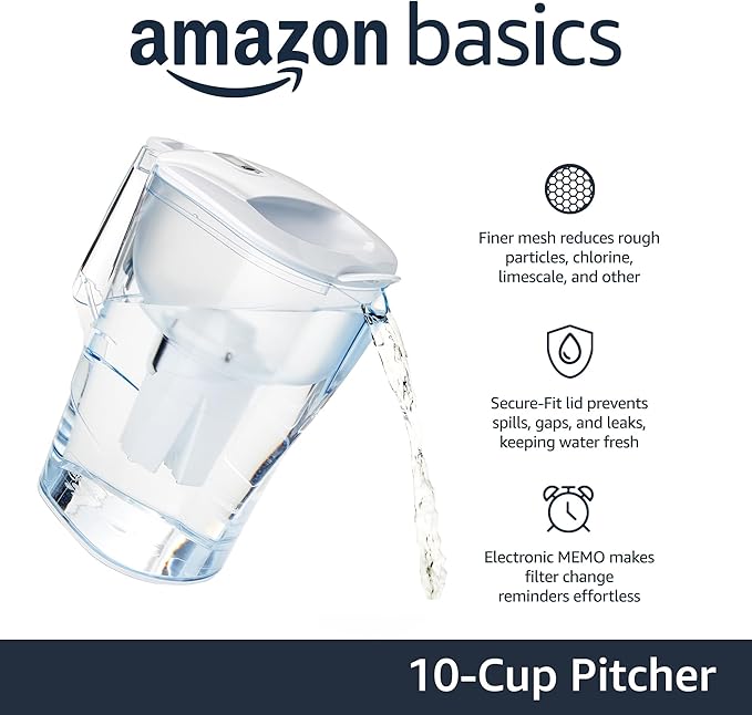 Amazon Basics 10-Cup Water Filter Pitcher, Compatible with Brita Filters, WQA & NSF Certified, Made in Europe
