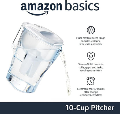 Amazon Basics 10-Cup Water Filter Pitcher, Compatible with Brita Filters, WQA & NSF Certified, Made in Europe