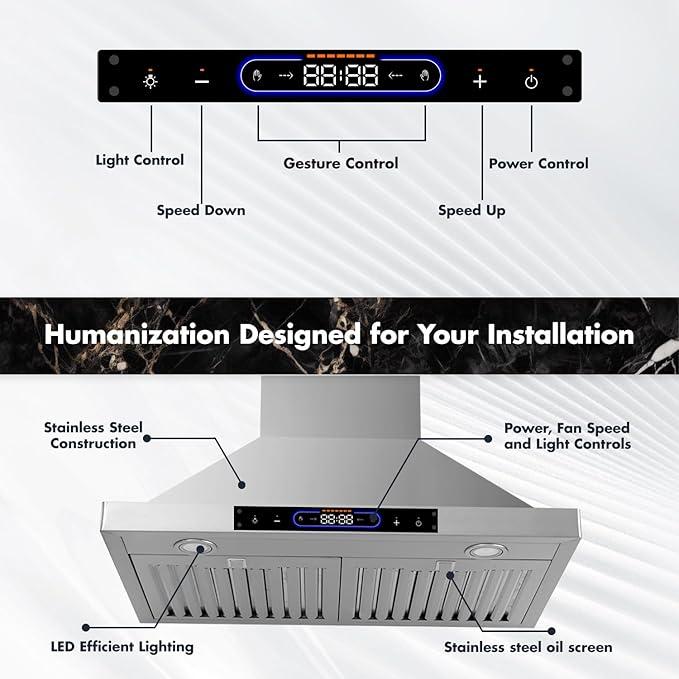 30 inch Wall Mount Range Hood Convertible Vent with Permanent Baffle Filters 800CFM Stainless Steel for Kitchen Gesture Sensing & Touch Control, 4 Speed Exhaust Fan, ETL listed (30 inch)
