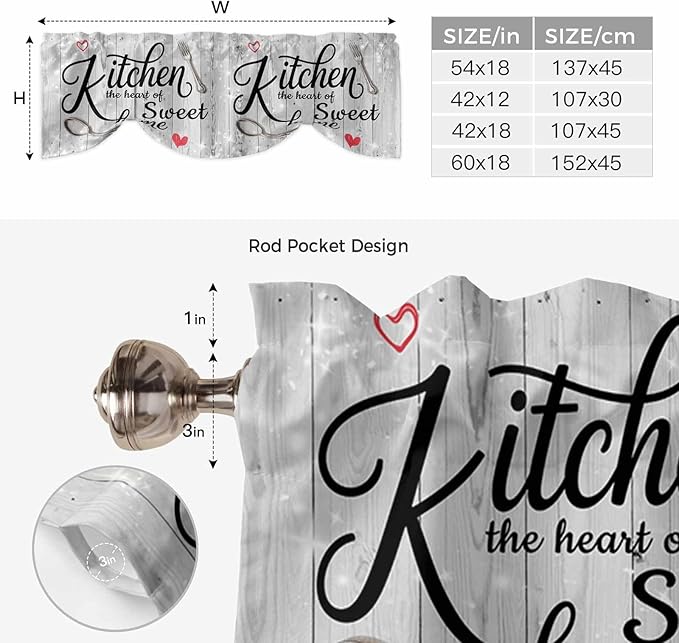 Kitchen Knife Fork Tie Up Valance Curtains for Windows, Kitchen Curtains Window Shades, Vintage Love Heart Grey Wood Grain Light Filtering Roman Curtain Valances for Bedroom/Bathroom/Cafe 60"x18"
