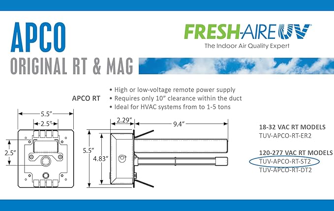 Fresh-Aire UV Fresh-Aire APCO Compact HVAC UV Air Purifier w/Carbon Matrix and Remote Power Supply, Includes Dual 2 Year UVC Lamp for Coils, 18-32 VAC
