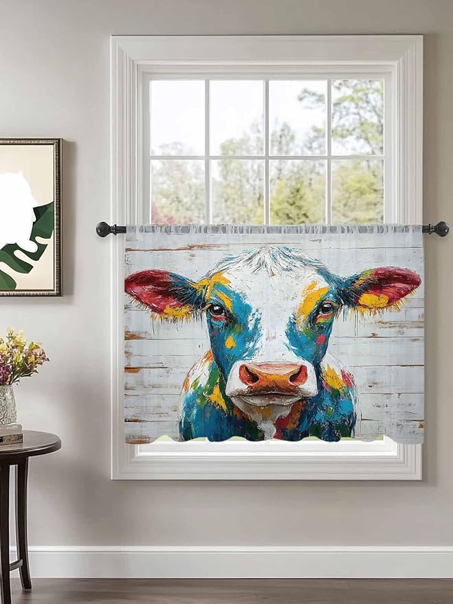 Sheer Curtains 54 Inch Length, Rustic Cow Semi Sheer Curtains Light Filtering Window Treatment, Vintage Colorful Animals Art Wooden Grain Privacy Voile Drapes for Living Room Bedroom 52x54 Inch