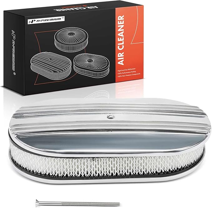 A-Premium Universal Air Cleaner Filter Assembly - Compatible with 15" x 2", Oval Chrome Polished Half Finned Air Cleaner