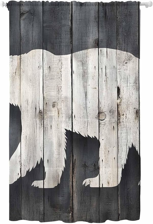 Sheer Curtains 84 Inches Long, White Brown Bear Semi Sheer Curtains Light Filtering Window Treatment, Rustic Counrty Vintage Wood Grain Privacy Voile Drapes for Living Room Bedroom 52x84 Inch