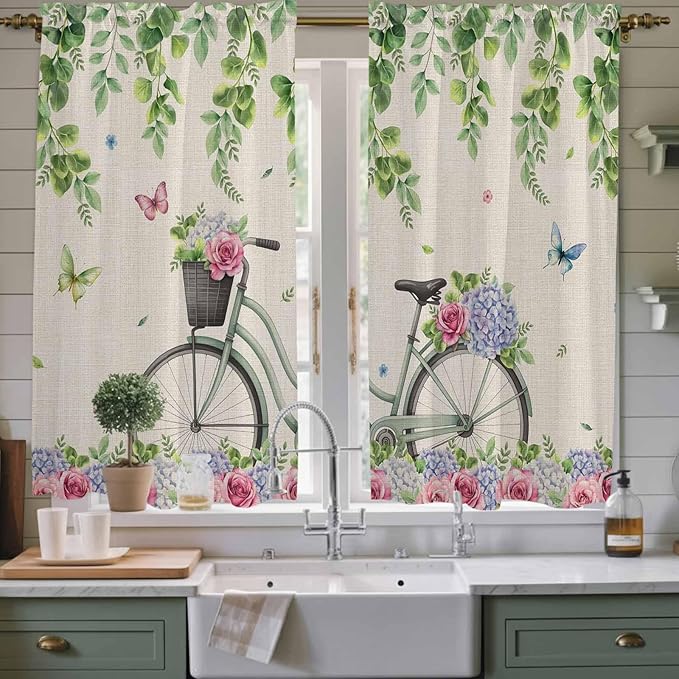 Farmhouse Spring Kitchen Curtains, Retro Bicycles Flowers Vines Butterfly Light Filtering Window Curtain Panels, 2Pcs Rod Pocket Window Treatments Set for Living Room Bathroom Bedroom 42x63 Inches