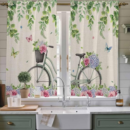 Farmhouse Spring Kitchen Curtains, Retro Bicycles Flowers Vines Butterfly Light Filtering Window Curtain Panels, 2Pcs Rod Pocket Window Treatments Set for Living Room Bathroom Bedroom 42x63 Inches