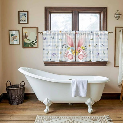 Easter Kitchen Tier Curtains 24 Inch Long 2 Panel Set,Rod Pocket Cafe Small Window Curtains Over Sink,Spring Rabbits Ears Feet Floral Blue Lattice Light Filtering Short Drapes 27.5"W x 24"L