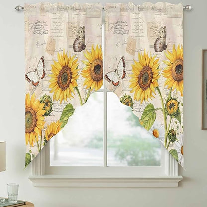Yellow Sunflowers Swag Valances for Windows, Country Farm Butterfly Flower Light Beige Rod Pocket Kitchen Curtains Valance, Kitchen Window Curtains Swag for Cafe Living Room, 2 Panels, 36x45 inch