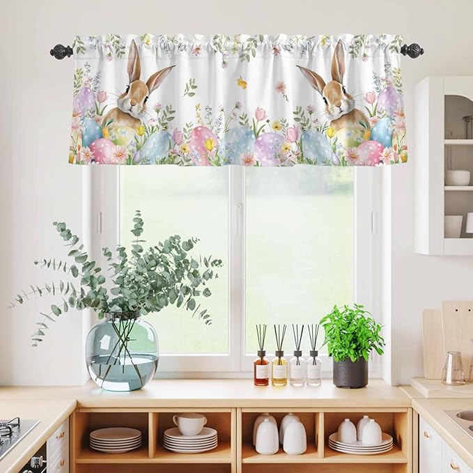Kitchen Curtains Tiers and Valance Set of 3, Easter Light Filtering Window Curtain Set, Spring Rabbit Colorful Eggs Budding Florals Leaf Rod Pocket Curtain Drapes for Living Room, 24 Inches Tiers