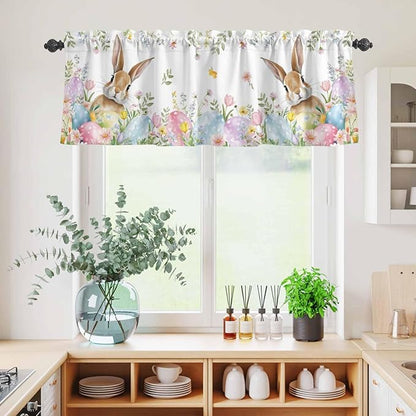 Kitchen Curtains Tiers and Valance Set of 3, Easter Light Filtering Window Curtain Set, Spring Rabbit Colorful Eggs Budding Florals Leaf Rod Pocket Curtain Drapes for Living Room, 24 Inches Tiers