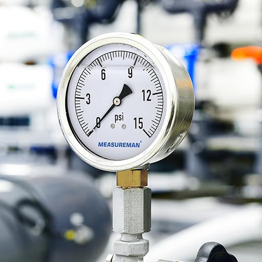 MEASUREMAN Glycerin Filled Plumbing Pressure Gauge 0-15psi Stainless Steel Case, 4" Dial 1/4" NPT Brass Lower Mount, Suitable for Water Systems, Pneumatic Equipment, RVs, Home Plumbing