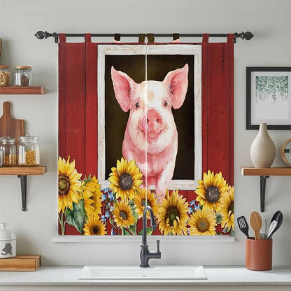 Pigs Sunflowers Living Room Curtains 84 Inch Length, Window Curtains Tab Top, Farmhouse Red Barn Flowers Animals Light Filtering Window Treatments Drapes 42"x84" 2 Panel