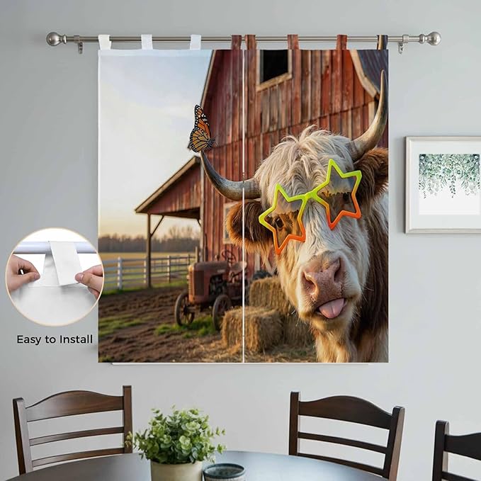 Farm Yaks Bathroom Curtains 63 Inch Length, Window Curtains Tab Top, Farmhouse Barn Funny Animals Butterfly Light Filtering Window Treatments Drapes 52"x63" 2 Panel