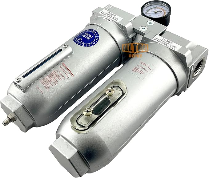 1" NPT SUPER DUTY Industrial Grade 2 Stages Coalescing Filter Desiccant Dryer System For Compressed Air Lines, Metal Bowls, Great For Paint Spray And Plasma Cutter