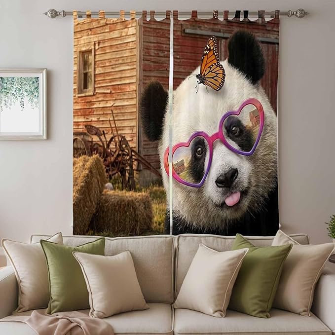 Farm Panda Living Room Curtains 84 Inch Length, Window Curtains Tab Top, Farmhouse Barn Funny Animals Butterfly Light Filtering Window Treatments Drapes 52"x84" 2 Panel
