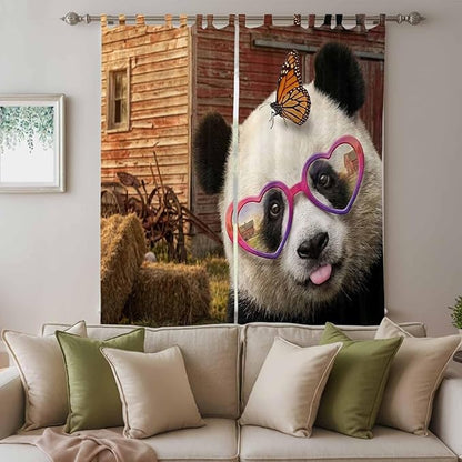 Farm Panda Living Room Curtains 84 Inch Length, Window Curtains Tab Top, Farmhouse Barn Funny Animals Butterfly Light Filtering Window Treatments Drapes 52"x84" 2 Panel