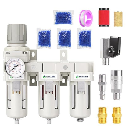 TAILONZ PNEUMATIC 0-150PSI 1/2 Inch NPT Grade 3 Stage Air Drying System, Particulate Filter, 5/0.01 Micron Filter Air Filter Pressure Regulator (Manual Drainage）
