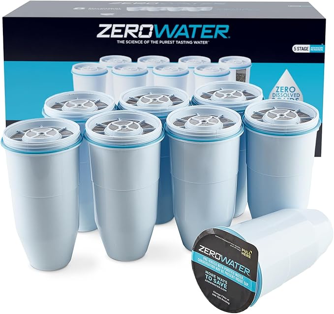ZeroWater Official Replacement Filter – 5-Stage 0 TDS Zero Water Replacement Filter – System IAPMO Certified to Reduce Lead, Chlorine, Heavy Metals, & Forever Chemicals PFOA/PFOS, 8-Pack