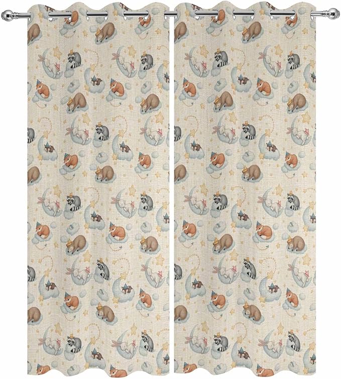 Cartoon Animals Outdoor Curtains for Patio Raccoons Rabbits Moon Linen Texture Waterproof Outside Curtains with Grommet Top Weatherproof Curtain for Cabana Pergola Gazebo, 2 Pack, 54" W x 108" L