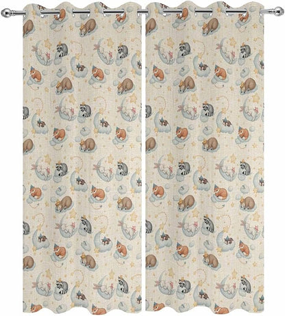 Cartoon Animals Outdoor Curtains for Patio Raccoons Rabbits Moon Linen Texture Waterproof Outside Curtains with Grommet Top Weatherproof Curtain for Cabana Pergola Gazebo, 2 Pack, 54" W x 108" L