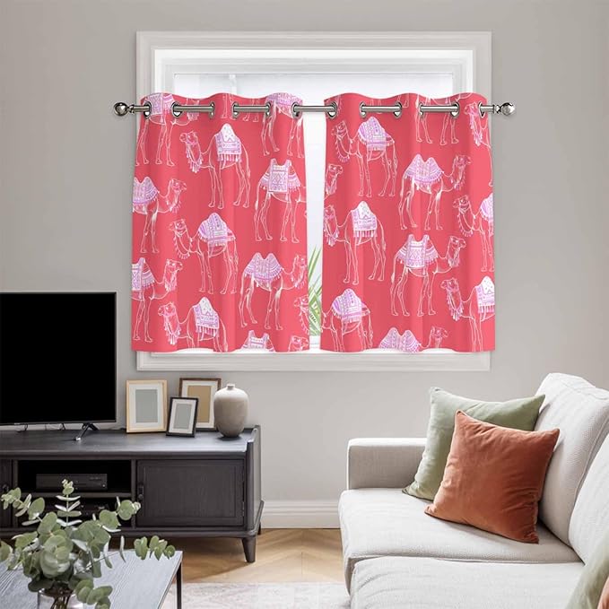 2 Panel Kitchen Cafe Curtains, Desert Camel Sunlight Filtering Nature Air Through, Home Decor Window Covering Tier Curtains for Bedroom Living Room Summer Sand Camel Animal Vintage Pink